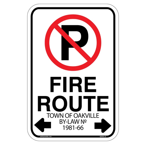 Town of Oakville Fire Route No Parking Sign with By-law No. 1981-66 and directional arrows