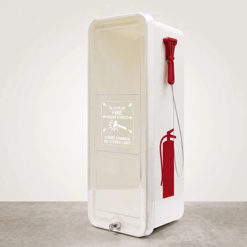 White all-weather fire extinguisher cabinet with fire extinguisher symbol and red hammer