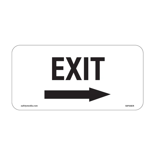 Exit right arrow aluminum sign with black lettering and arrow on white background