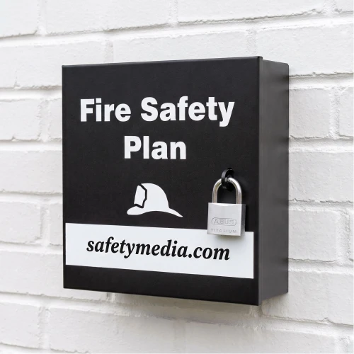 Matte Black Fire Safety Plan Box with reflective graphics and padlock mounted on a wall