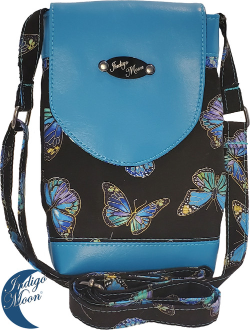 Cross Body Bag, Turquis with black and butterflies, Front with strap