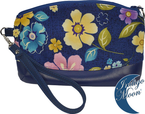 Clematis Wristlet,  Navy Blue Base with Flowers, Front with strap