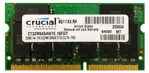 Crucial 256MB 133MHz PC133 non-ECC Unbuffered CL2 144-Pin SoDimm Memory Module