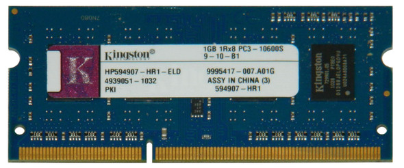 Kingston 1GB DDR3-1333MHz PC3-10600 non-ECC Unbuffered CL9 204-Pin SoDimm Single Rank x8 Memory Module