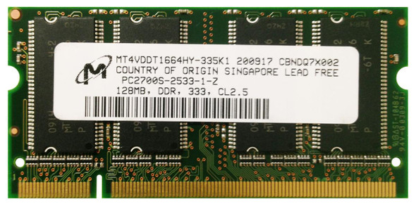 Micron 128MB PC2700 DDR-333MHz non-ECC Unbuffered CL2.5 200-Pin SoDimm Single Rank Memory