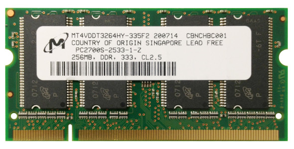 Micron 256MB DDR-333MHz PC2700 non-ECC Unbuffered CL2.5 200-Pin SoDimm Single Rank Memory Module