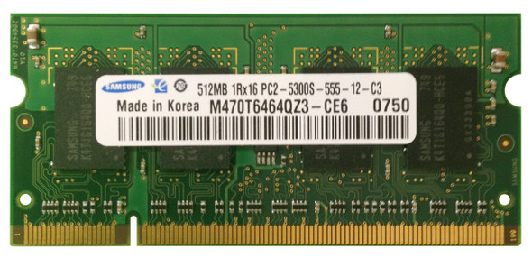 Samsung 512MB 667MHz DDR2 PC2-5300 Unbuffered non-ECC CL5 200-Pin Sodimm Single Rank Memory