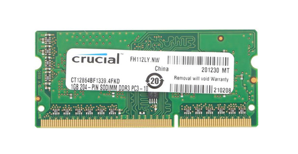 Crucial 1GB DDR3-1333MHz PC3-10600 non-ECC Unbuffered CL9 204-Pin SoDimm 1.35V Low Voltage Memory Module