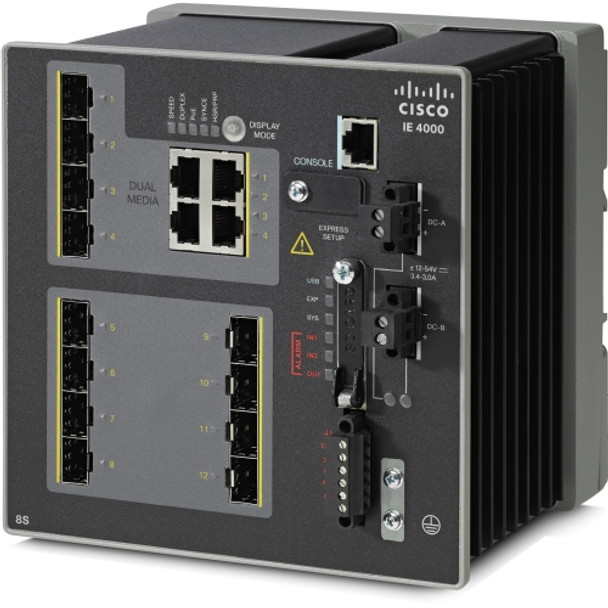 Cisco IE-4000 4-Ports 100Base-X 4x Gigabit Ethernet Uplink Ports Manageable Layer3 Redundant Power Supply Supported Rail-Mountable Switch with 8x Shared SFP Slots