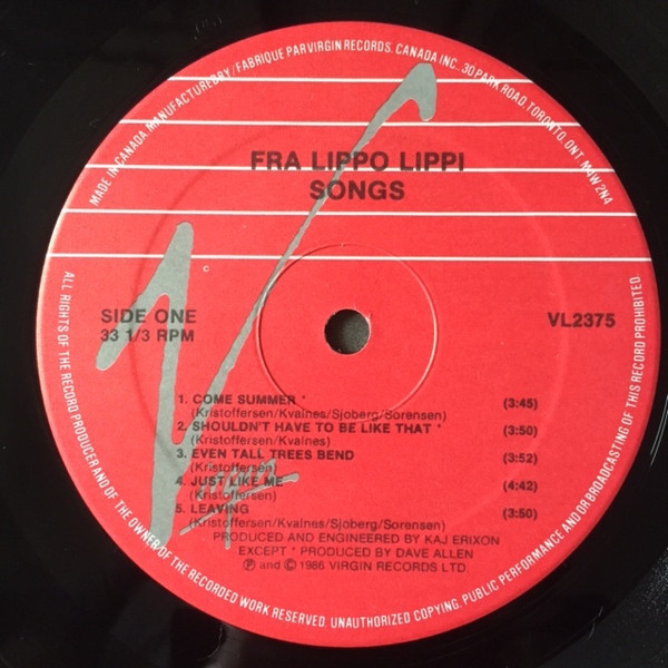 Fra Lippo Lippi – Songs (LP used Canada 1986 VG+/VG+)