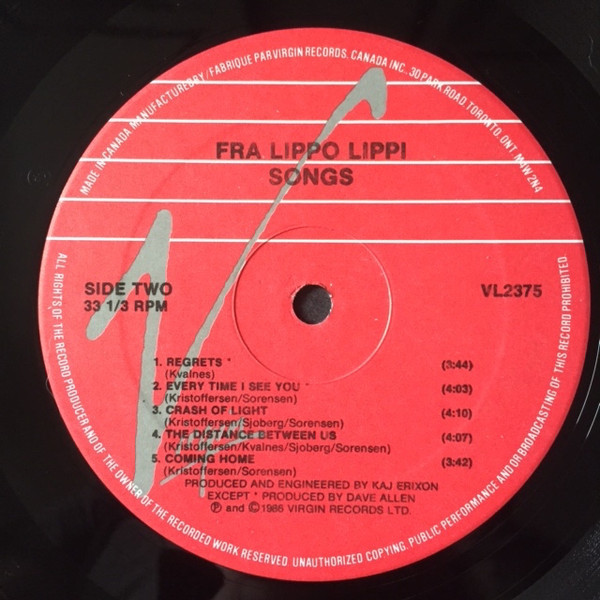 Fra Lippo Lippi – Songs (LP used Canada 1986 VG+/VG+)