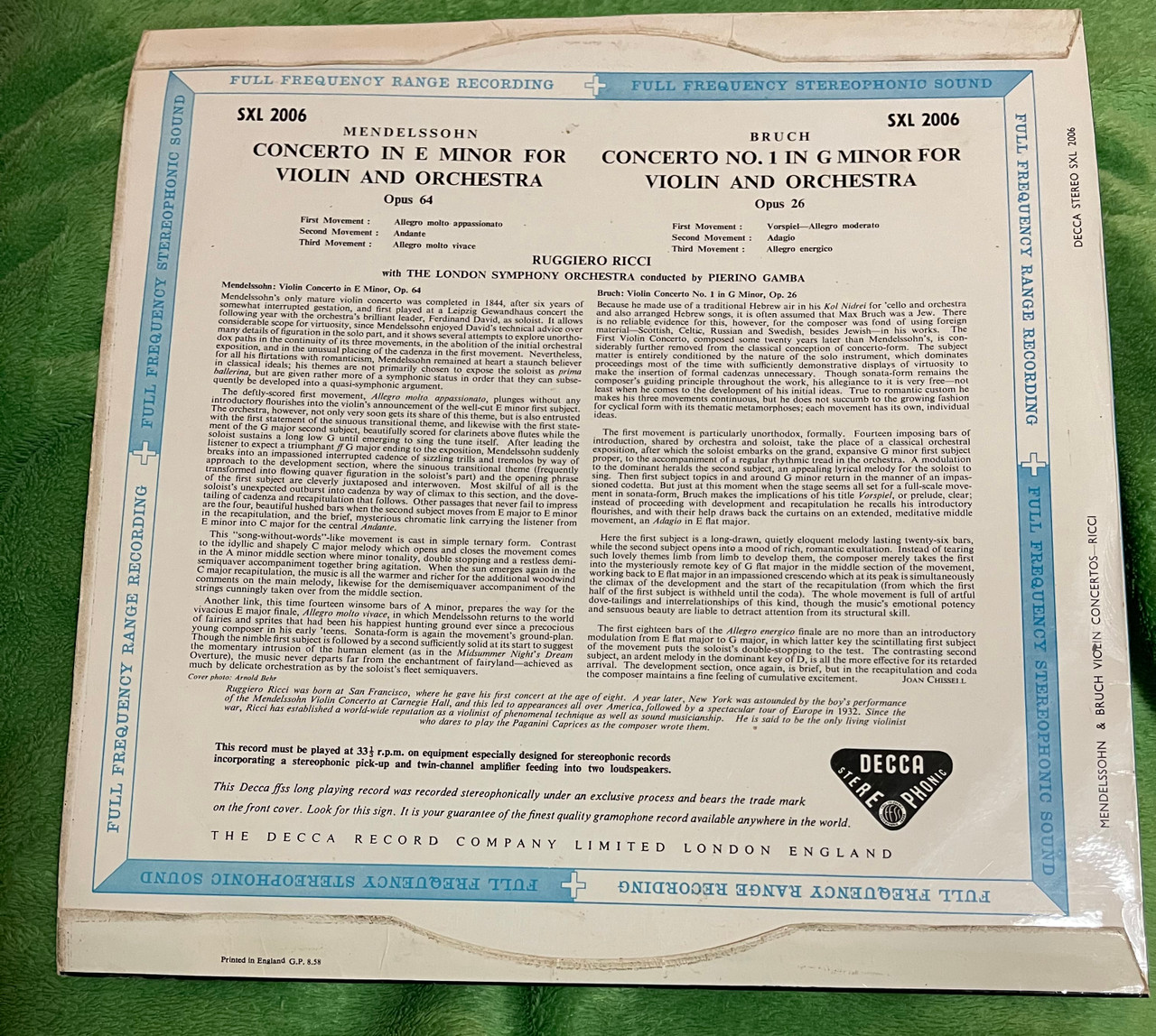 Decca SXL 2006 Ruggiero Ricci Violin Concertos Mendelssohn &amp; Bruch