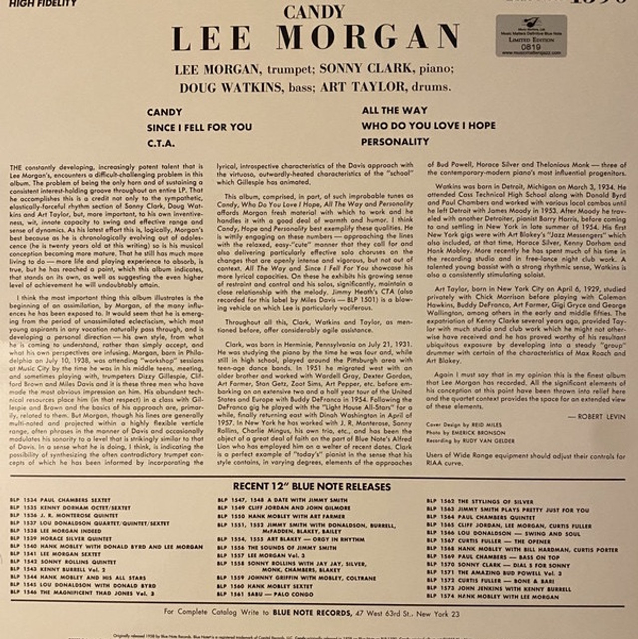 Lee Morgan - Candy 45 RPM Numbered Music Matters #0644 NM) - The