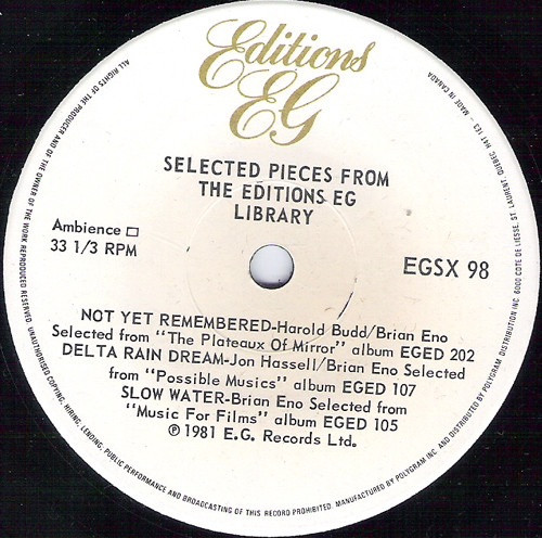 Eno - Fripp -Hassle-Budd -Selected Pieces From The Editions EG Library