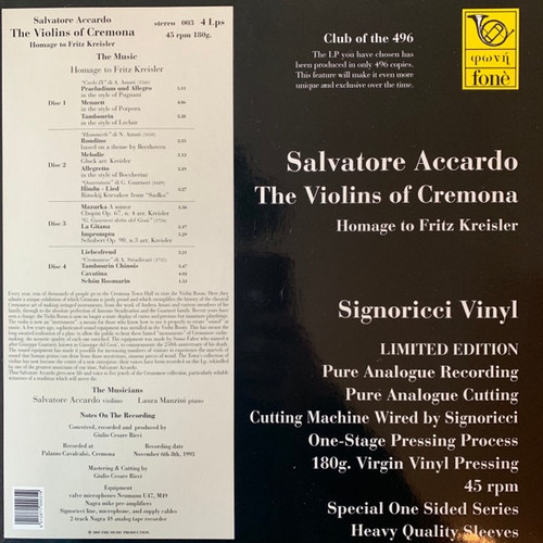 Salvatore Accardo - The Violins Of Cremona (Homage To Fritz Kreisler) (4LP Audiophile Pressing)