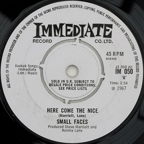 Small Faces – Here Come The Nice (2 track 7 inch single used UK 1967 mono pushout centre VG+/VG)