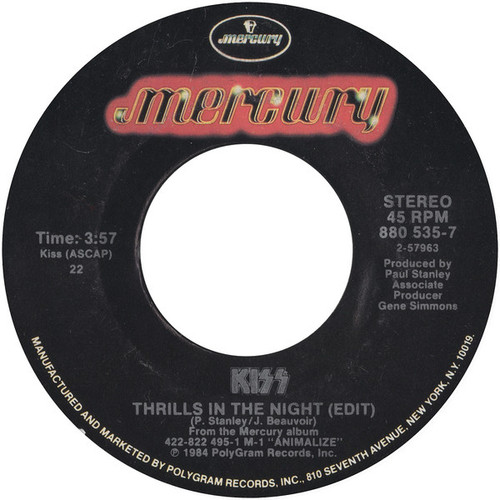 Kiss – Thrills In The Night (Edit) / Burn Bitch Burn (2 track 7 inch single used US 1985 VG+/VG)