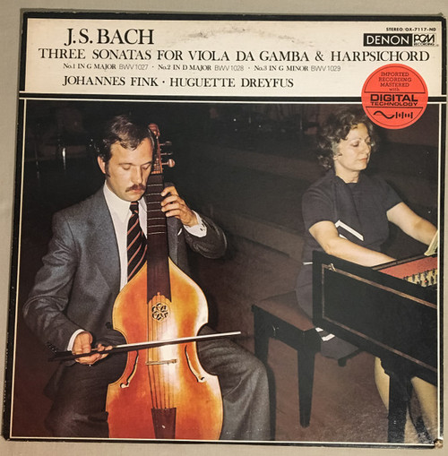 Johannes Fink, Huguette Dreyfus, J. S. Bach – Three Sonatas For Viola Da Gamba And Harpsichord (LP used Japan 1976 NM/VG+)