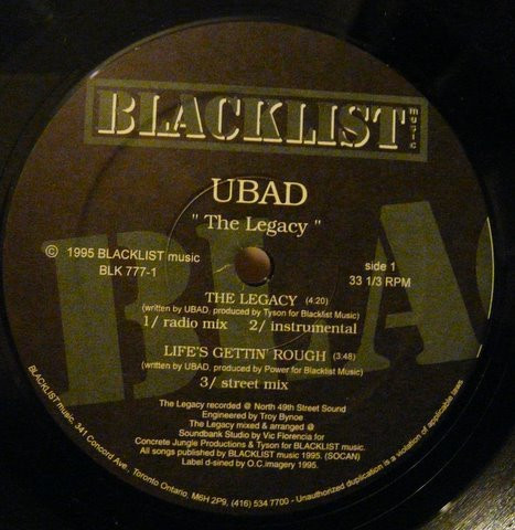 UBAD – The Legacy (6 track 12 inch EP used Canada 1995 VG+/VG+)