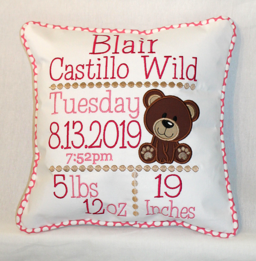 Teddy Bear Birth Announcement Pillow