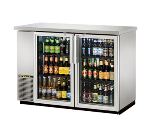 New-True Back Bar Cooler, two-section, 24" deep, 35-7/8" high, (48) 6-packs or (2) 1/2 keg capacity, (4) wire shelves, condensing unit on left, stainless steel top, galvanized interior with stainless steel floor, stainless steel exterior, (2) glass doors, LED interior light, 1/3 HP, 115v/60/1, 7.6 amps, 7' cord, NEMA 5-15P, MADE IN USA, 3 years parts and labor, 5 years compressor warranty