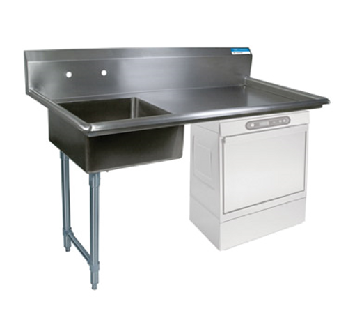 NEW-Soiled Dishtable, undercounter, 60"W x 30"D x 46"H, comes in left or right operation, 18/304 stainless steel top, 10"H backsplash, 20" x 20" x 8" deep pre-rinse sink on left, 8" O.C. splash mount faucet holes, raised rolled edges on front & sides, 3-1/2" basket drain included, galvanized steel legs & side bracing, adjustable high-impact corrosion-resistant feet, NSF