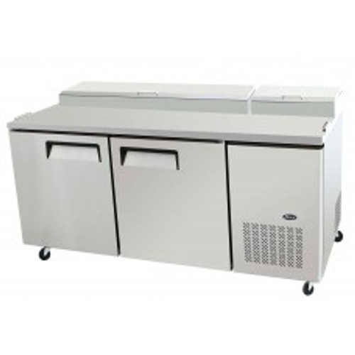 Refrigerated Reach-In Pizza Prep Table, two-section, self-contained refrigeration, 20.0 cu. ft. capacity, includes (9) 1/3 stainless steel pans, 33?ø to 38?øF temperature range, (2) locking hinged self-closing doors, (2) adjustable shelves, ventilated refrigeration, automatic lighting & evaporation, air defrost, stainless steel interior & exterior, galvanized steel back, casters, side mounted refrigeration, backsplash, 630 watts, 115v/60/1-ph, 7.5 amps, 2/3 HP, cETLus, ETL, CE