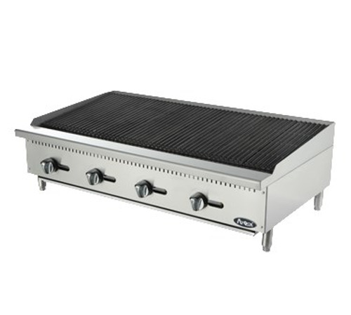 Heavy Duty Radiant Charbroiler, gas, countertop, 48", (4) stainless steel burners, standby pilots, stainless steel radiant plates, cast iron grill, independent manual controls, adjustable multi-level top grates, stainless steel structure, adjustable stainless steel legs, 140,000 BTU, cETLus, ETL