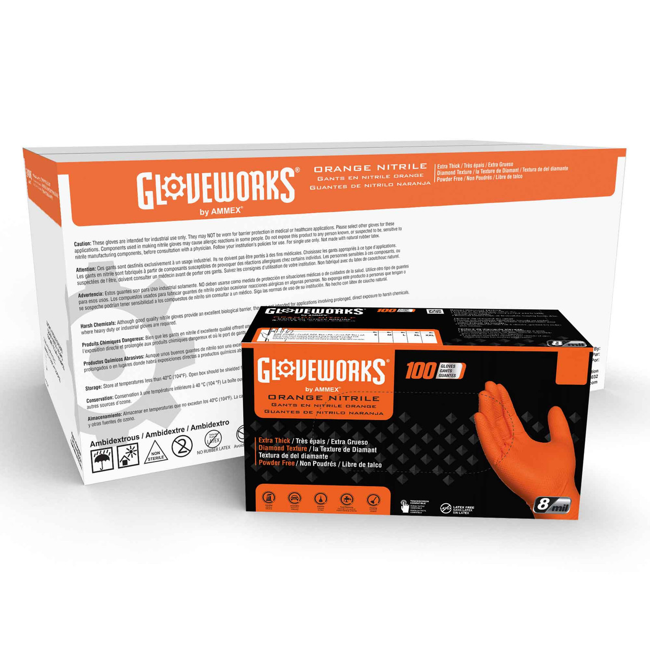 Ammex Gloveworks HD Orange Nitrile Gloves- 100/ct box GWON