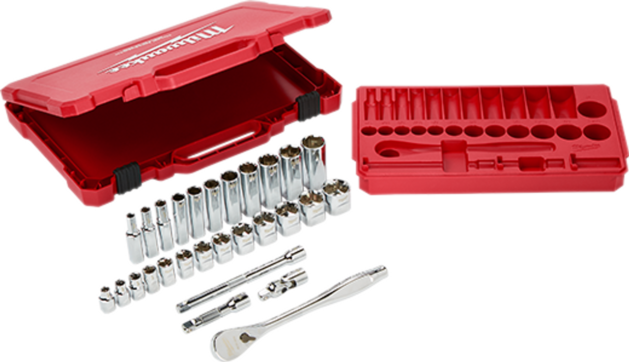 Milwaukee 3/8" 28pc FLAT FOUR Ratchet and Socket Kit- Metric 48-22-9508