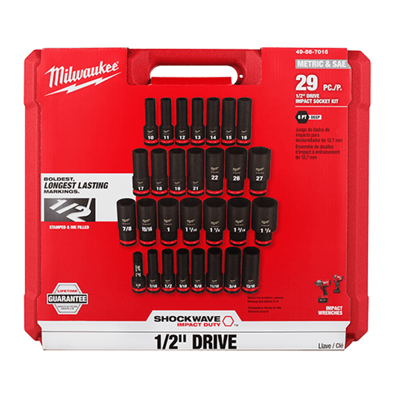 Milwaukee SHOCKWAVE 29pc Impact Duty 1/2" Drive SAE & Metric Deep 6 Point Socket Set 49-66-7016