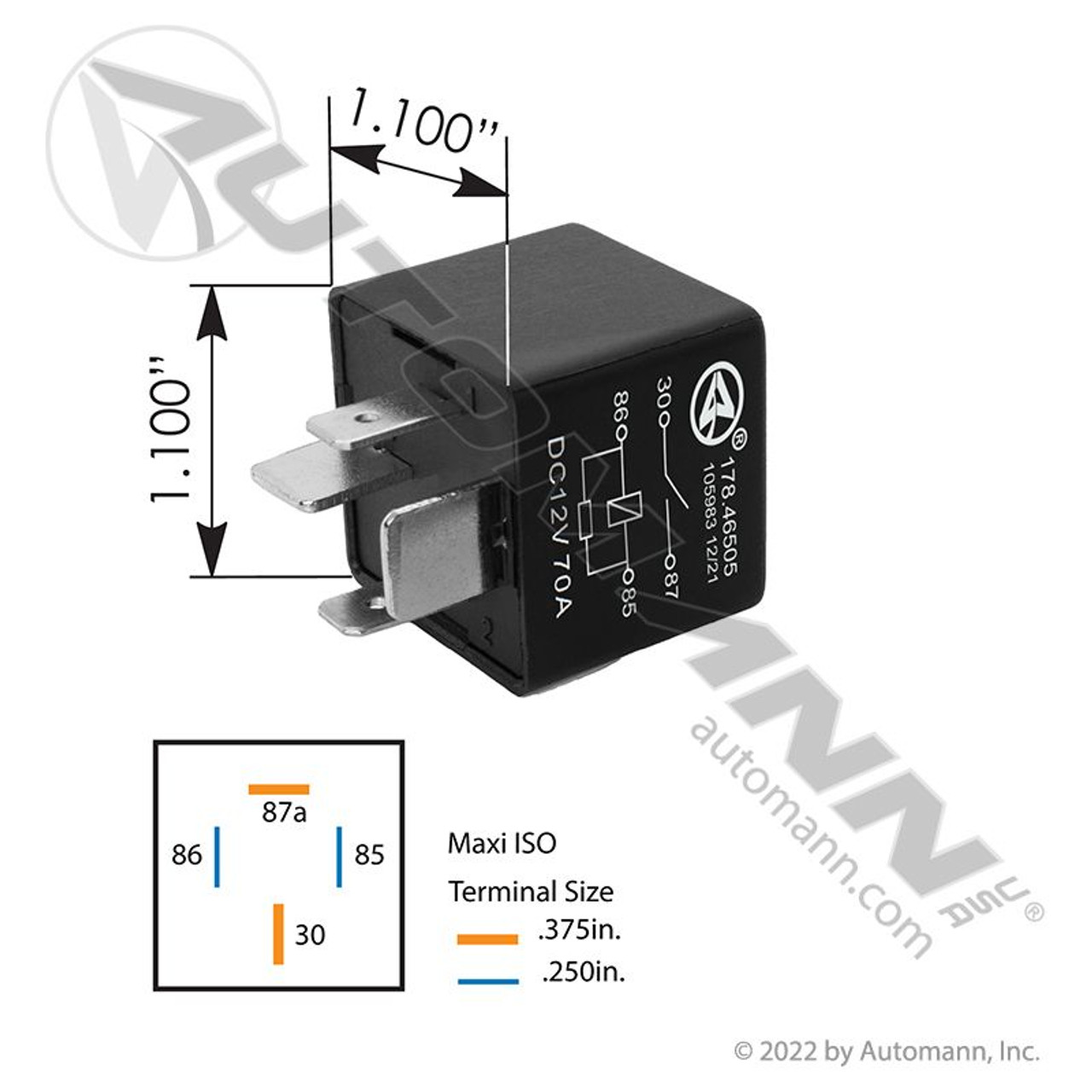 Freightliner Relay- 4 Pin, 12v, SPST, 70a- Maxi ISO- replaces 23-13124-000