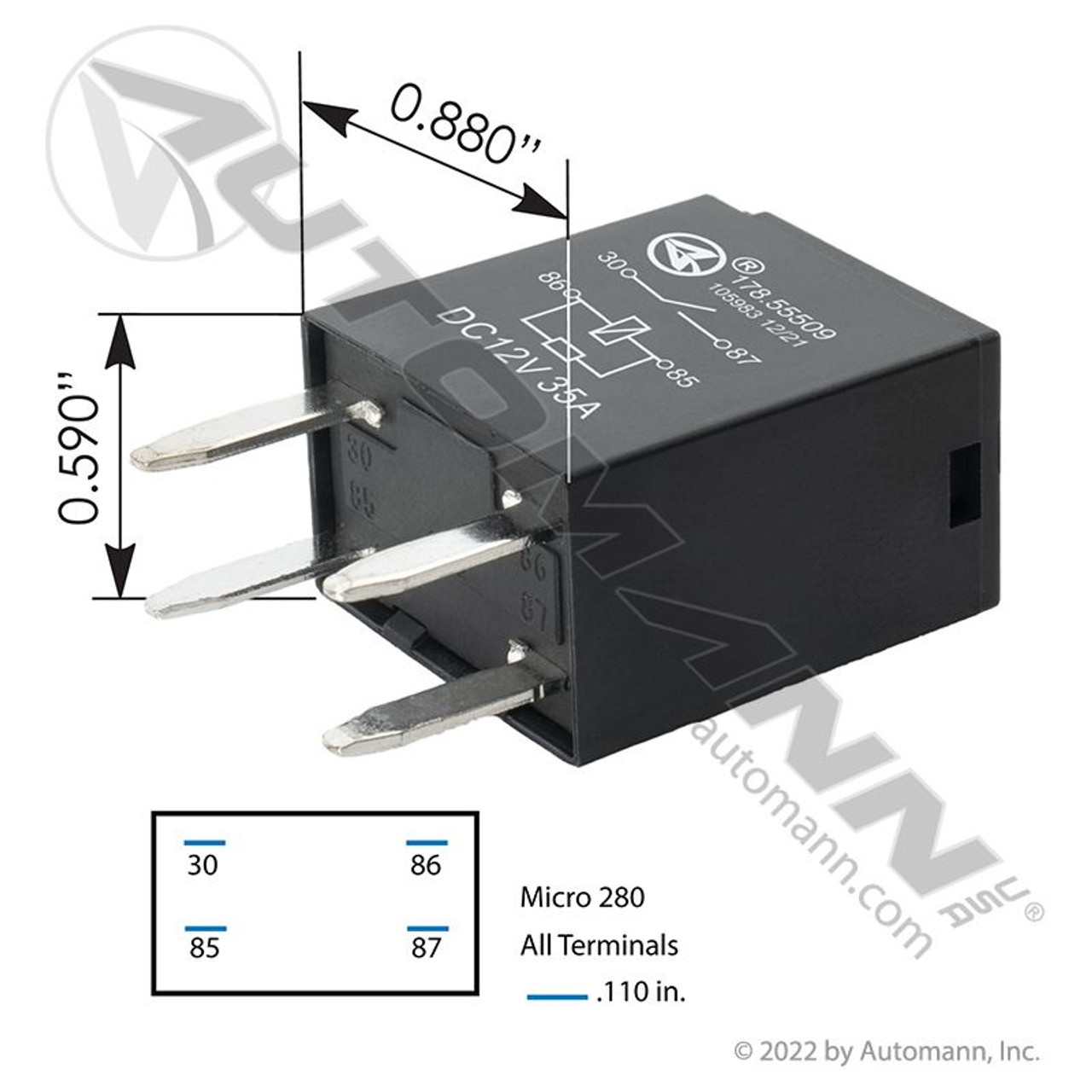 International Relay- 4 Pin, 12v, SPST, 35a- Micro ISO 280- replaces 3600329C1