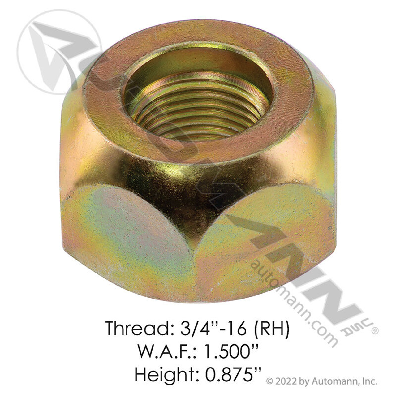 Wheel Cap Nut- Outer- RH - 3/4"-16 Thread- 1.5" Hex