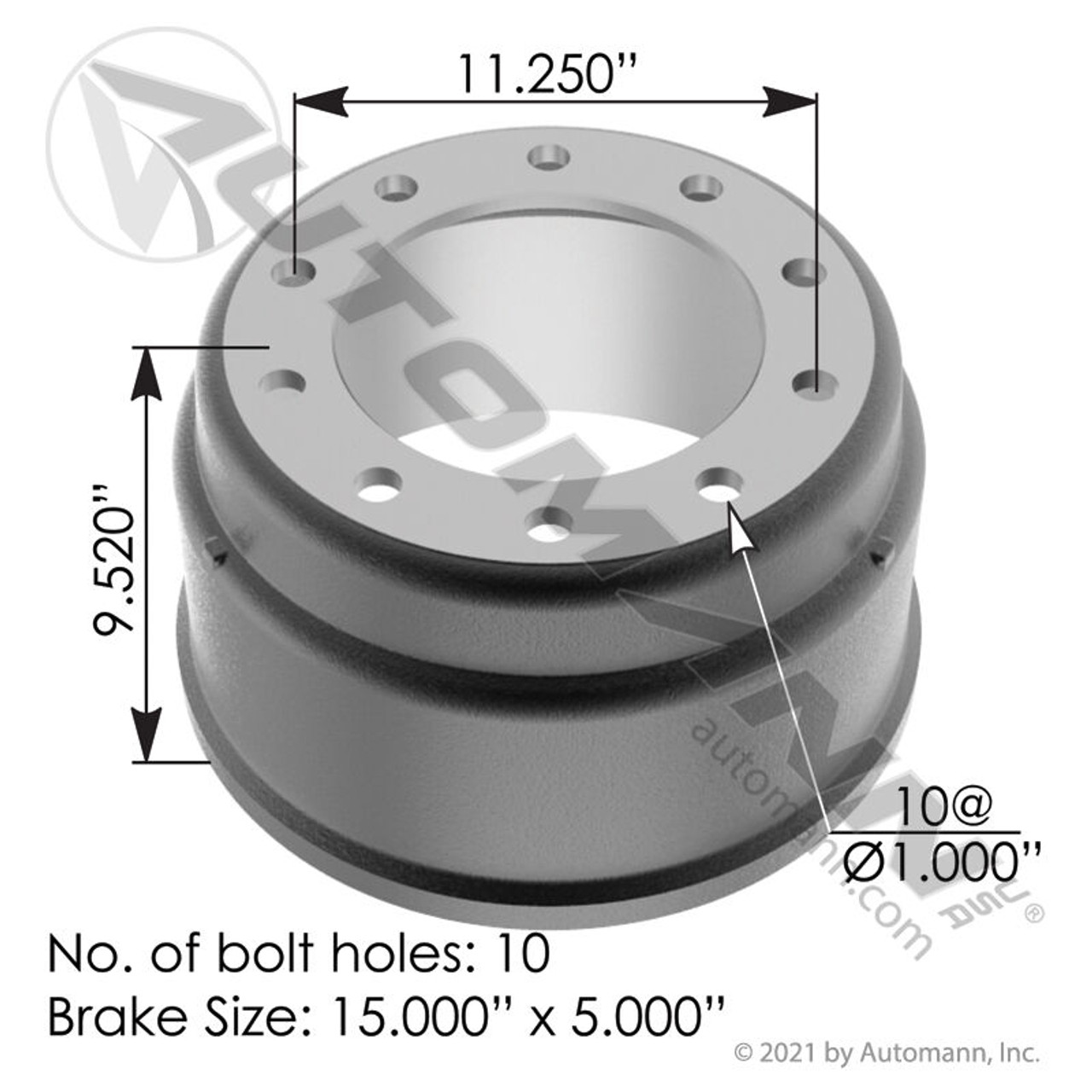 Brake Drum- 15.5" x 5"- replaces 3754, 61951B- Automann 151.5503BA