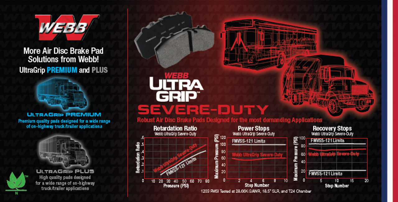 Webb Ultra Grip Severe Duty Air Disc Pads- Meritor ELSA 225-3 FMSI 1708- replaces Meritor 2252HBMA703