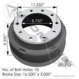 Brake Drum- 16.5" x 5"- replaces 65174B- Automann 151.6508BA