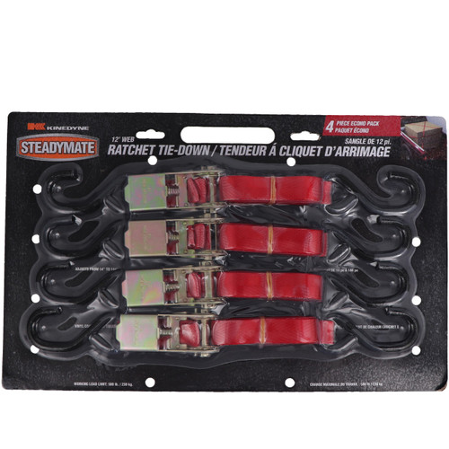 1" x 12' Ratchet Utility Strap w/ S Hook- Pack of 4- Kinedyne 15531