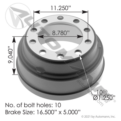 Brake Drum- 16.5" X 5"- replaces 65710B, 3710X- Automann 151.6501BA