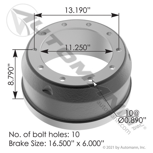 Brake Drum- 16.5" X 6"- replaces 3219N5786- Automann 151.6608