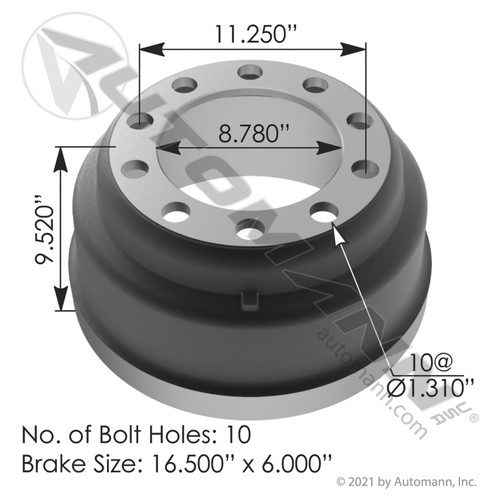 Automann 151.6605BA Brake Drum- 16.5