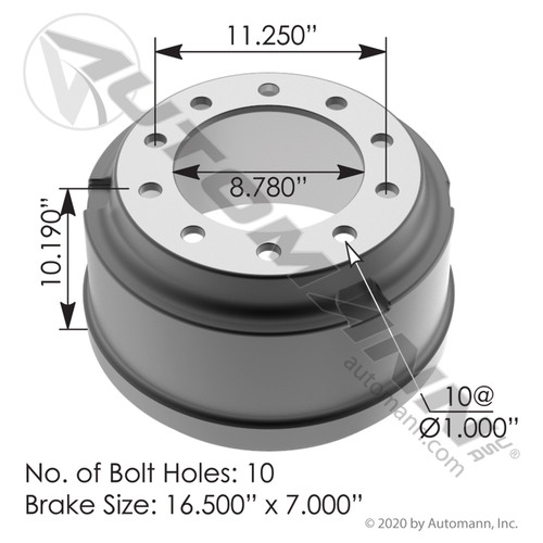 Brake Drum- 16.5" X 7"- replaces 66826B, 3796X- Automann 151.6718BA