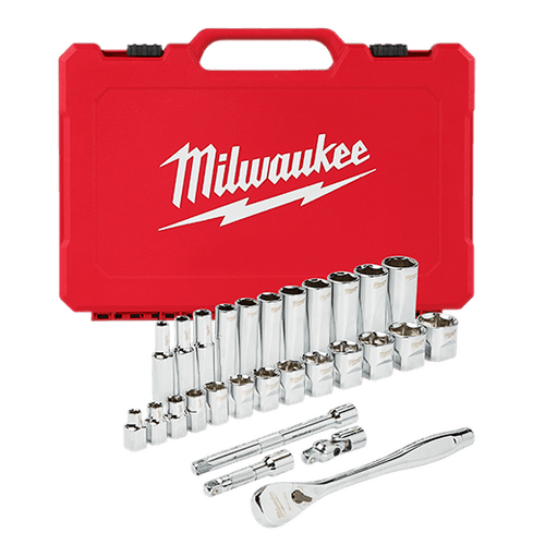 Milwaukee 3/8" 28pc FLAT FOUR Ratchet and Socket Kit- SAE 48-22-9408