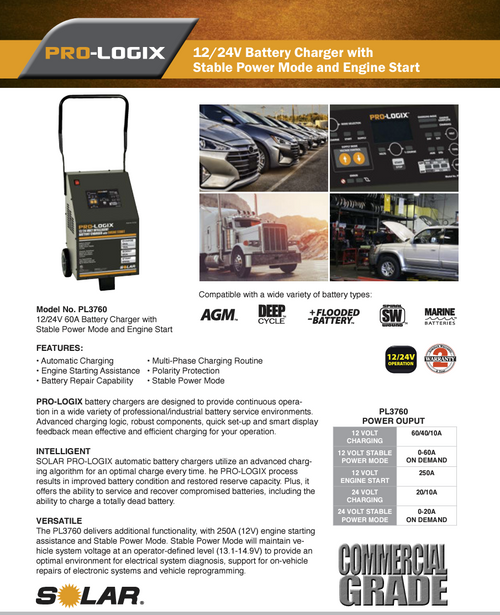 Solar Pro-Logix 12/24v Intelligent Battery Charger- 60A w/ 250A Engine Start PL3760