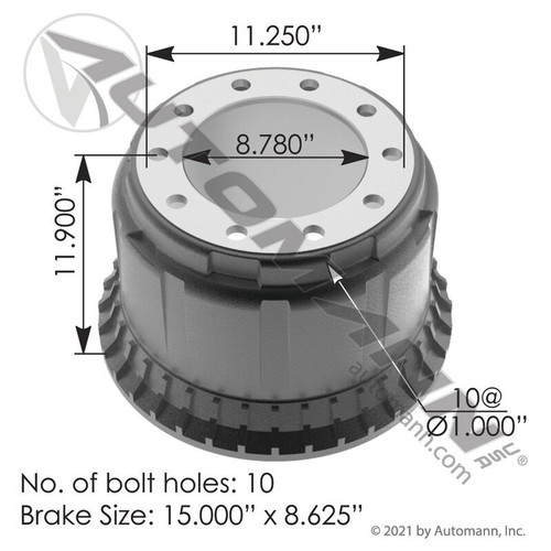Brake Drum- 15" x 8.625"- replaces 3744X, 61991B, 107866- Automann 151.58601BA