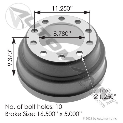 Brake Drum- 16.5" x 5"- replaces 3758X, 65151B, 10014756- Automann 151.6503BA