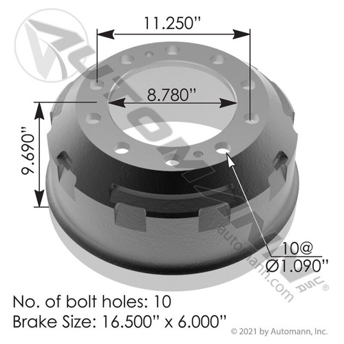 Brake Drum- 16.5" x 6"- replaces 3772X, 62670B- Automann 151.6604BA