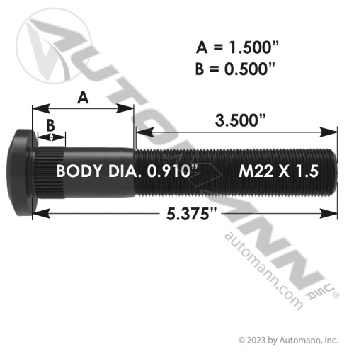 Wheel Stud- M22-1.5- 5.375" Long- 3.5" Thread Length