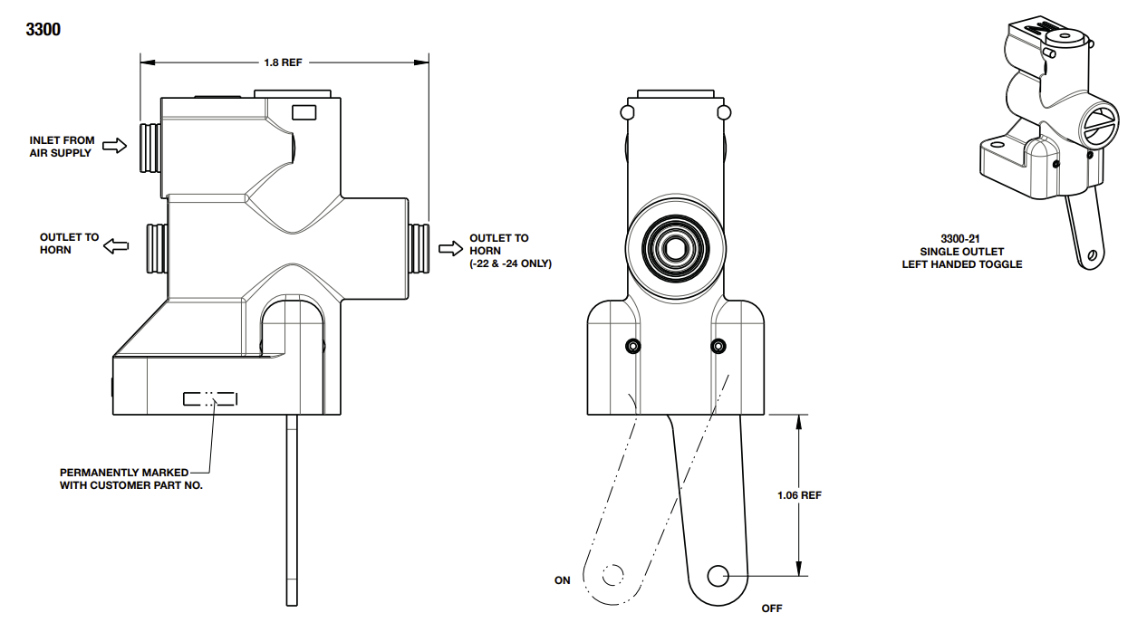Air Horn Valve-Single outlet, left-handed toggle (Norgren 3300-21