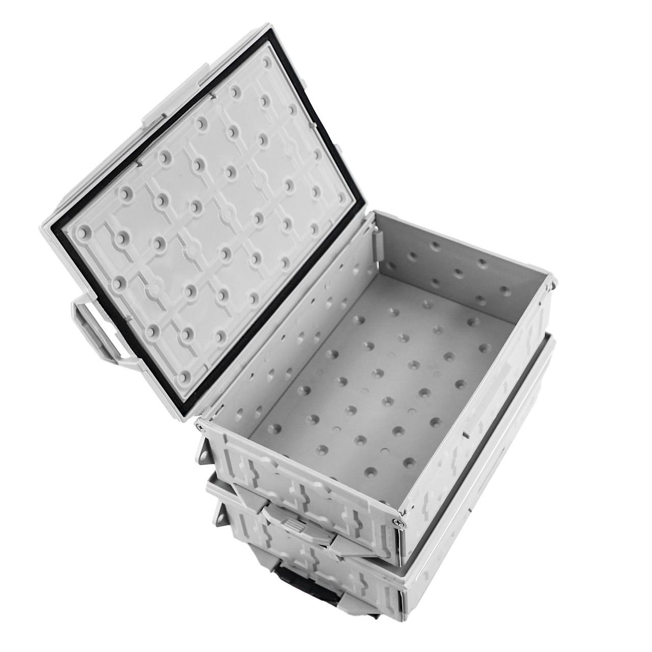 Top view of the TracPak Combo Kit, Two Boxes and Quick Release Base, Overcast Grey with lid opened